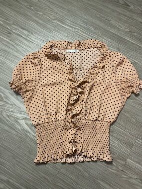 Haute Monde Tan Polka Dot Ruffle Smocked Short Sleeve Blouse